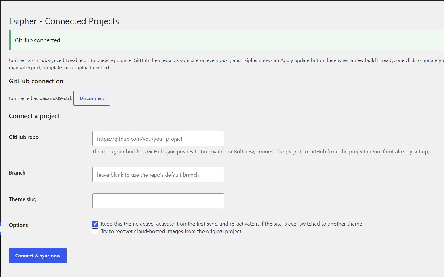 Esipher showing GitHub connected, GitHub repo, optional Branch, Theme slug and Connect & sync now controls