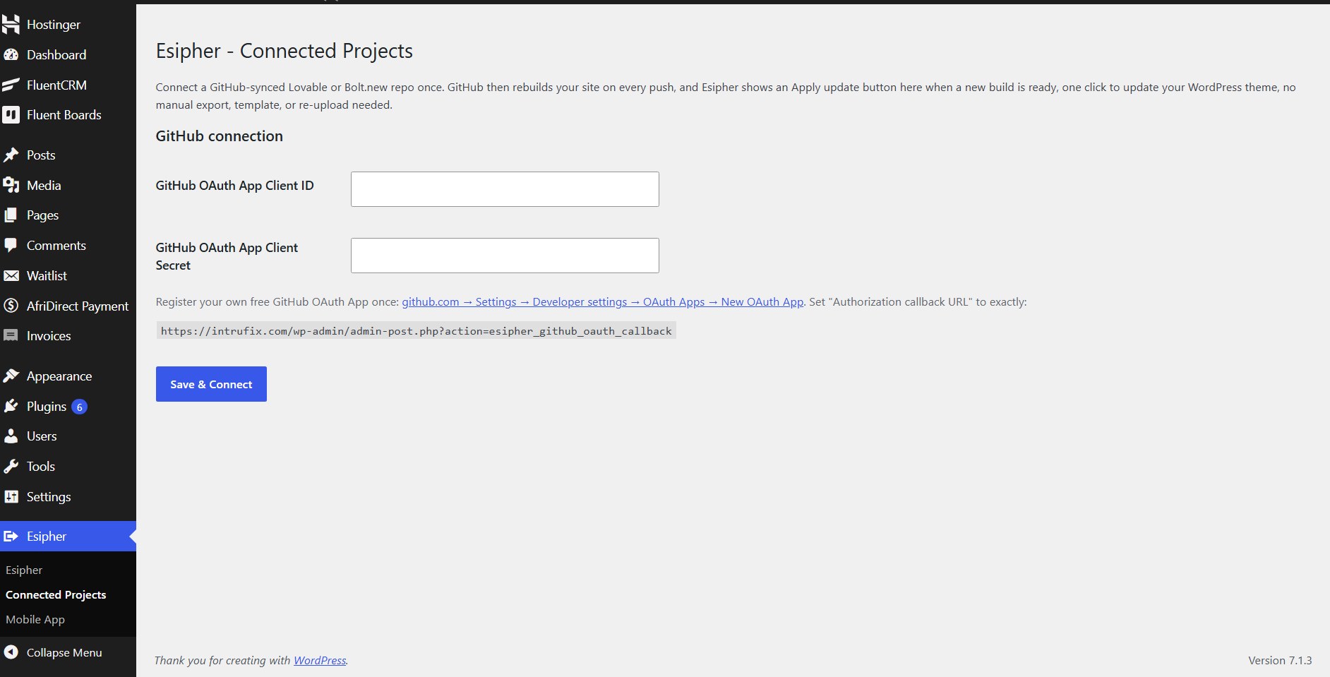 WordPress dashboard with Esipher Connected Projects selected and empty GitHub Client ID and Client Secret fields