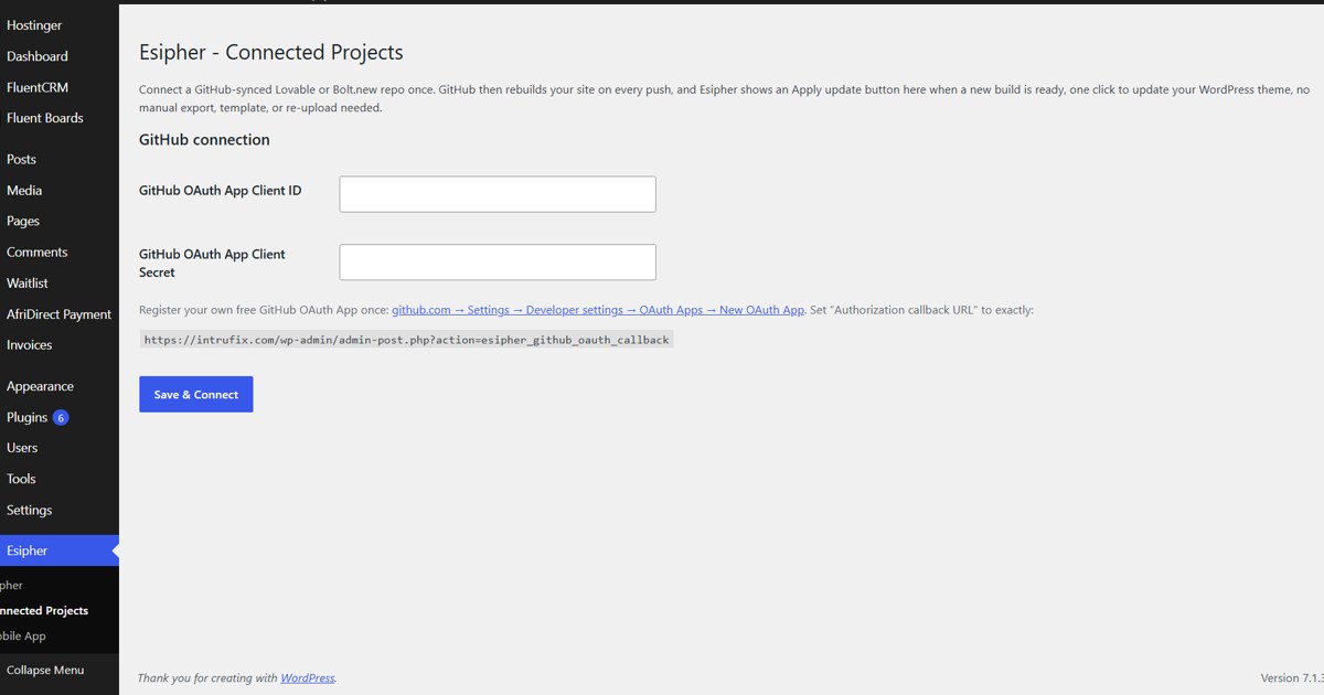 Esipher Connected Projects screen in WordPress with the GitHub connection fields