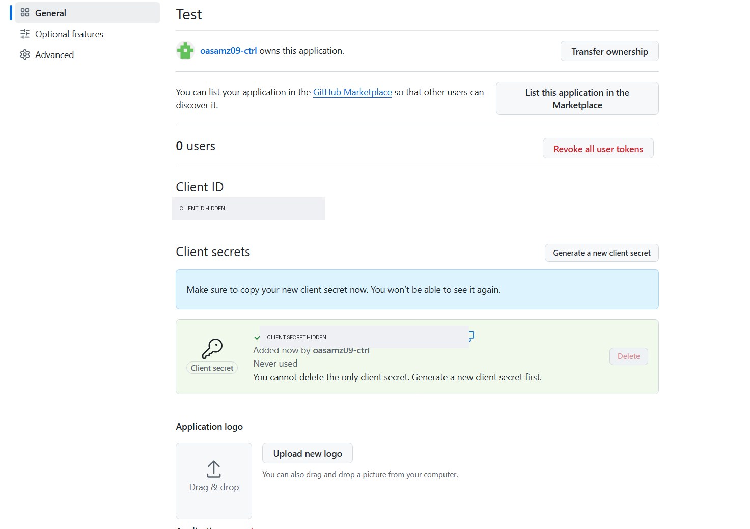 Registered GitHub OAuth application with Client ID and Generate a new client secret controls; credential values are hidden