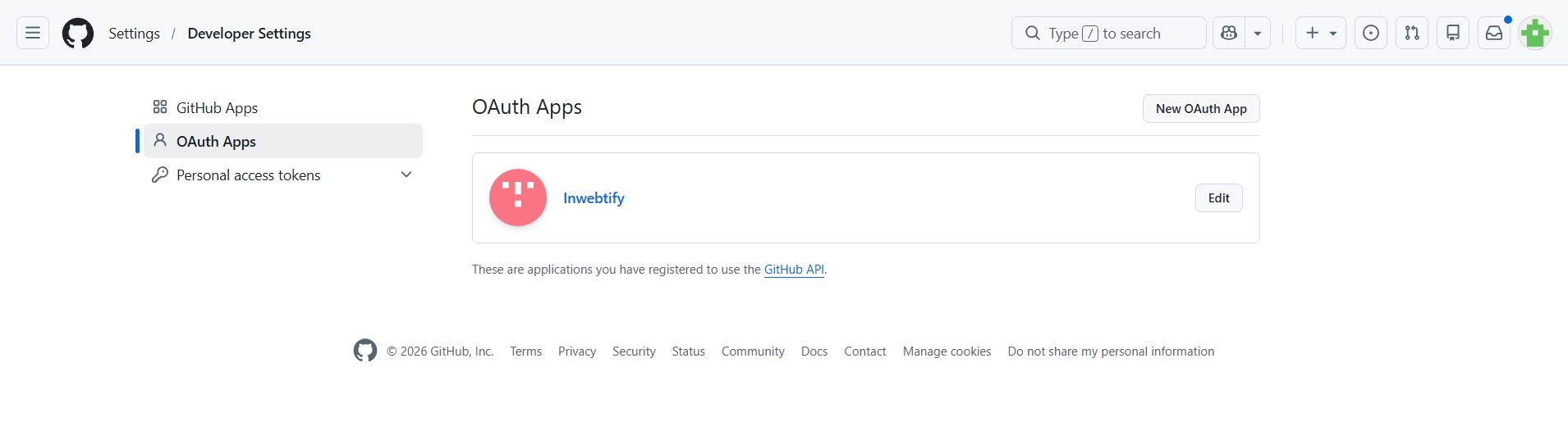 GitHub Developer Settings with OAuth Apps selected and the New OAuth App button at the top right