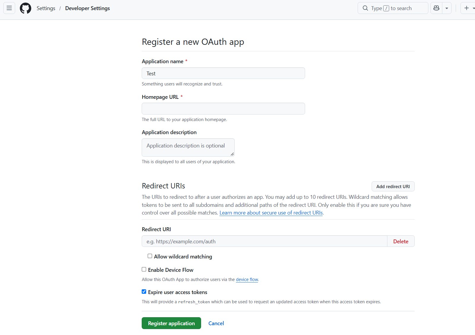GitHub Register a new OAuth app form showing Application name, Homepage URL, Redirect URI and Register application